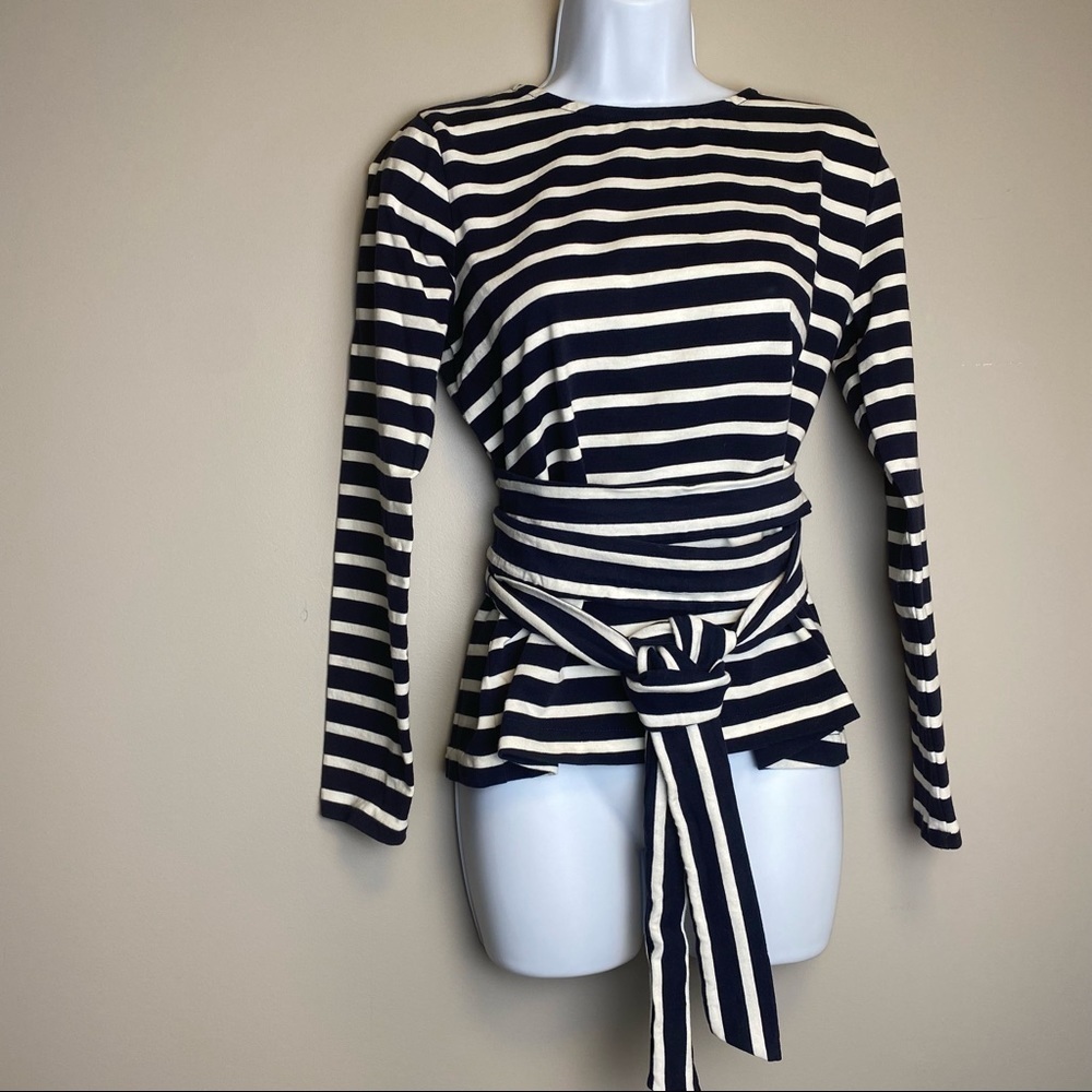 J-Crew Striped Belted Cross Back Top M Navy Blue and white Size S